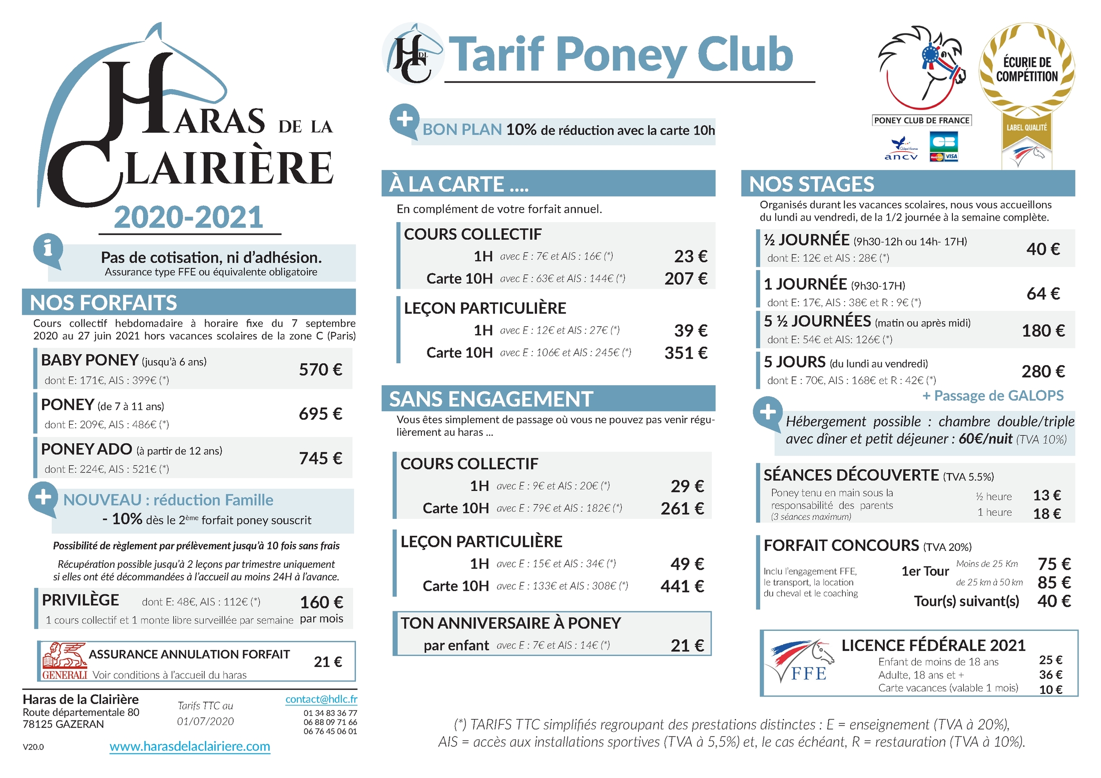 Tarif poney Tarif des prestations du Poney-Club